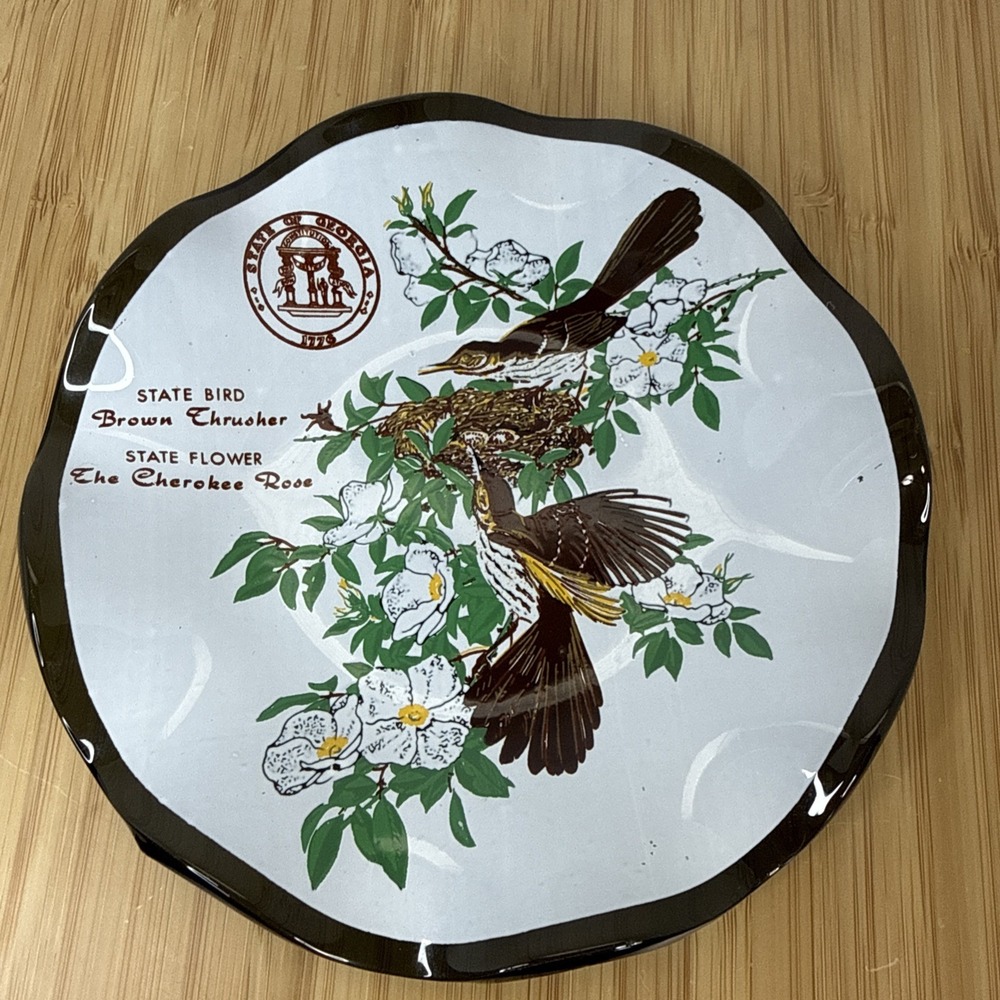Vintage MCM Enamel Ashtray State Of Georgia Flower And Bird Round 5.5"